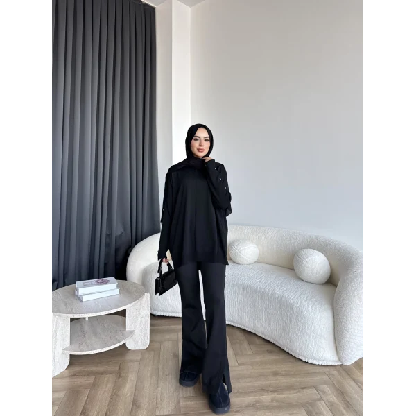 Nesy Kol Gold Düğmeli Triko Kazak - Siyah