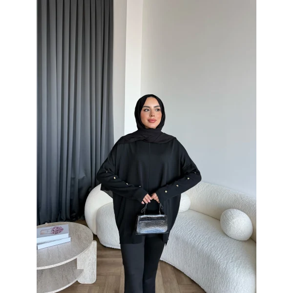 Nesy Kol Gold Düğmeli Triko Kazak - Siyah