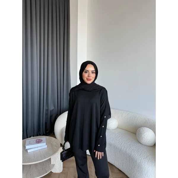 Nesy Kol Gold Düğmeli Triko Kazak - Siyah