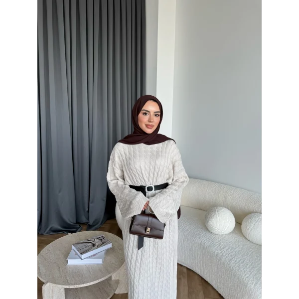 Nurs Örgü Detaylı Elbise - Bej