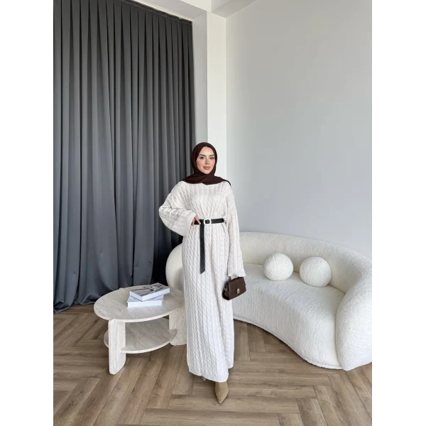 Nurs Örgü Detaylı Elbise - Bej