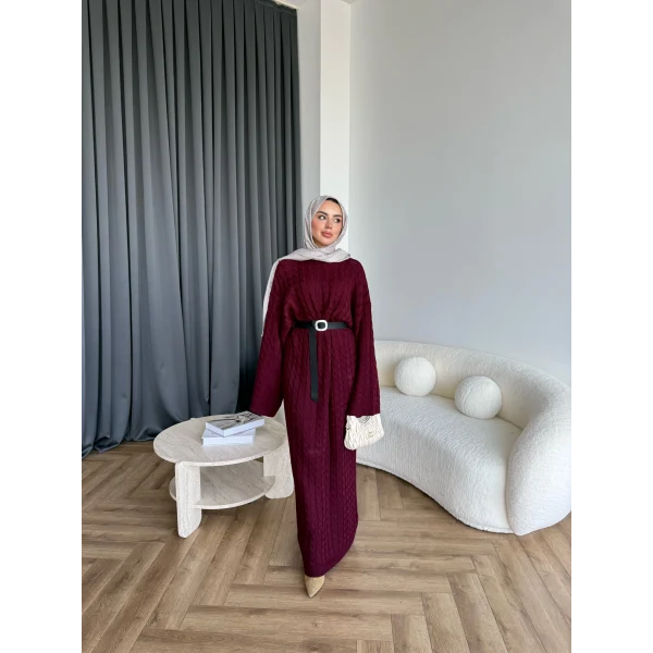 Nurs Örgü Detaylı Elbise - Bordo