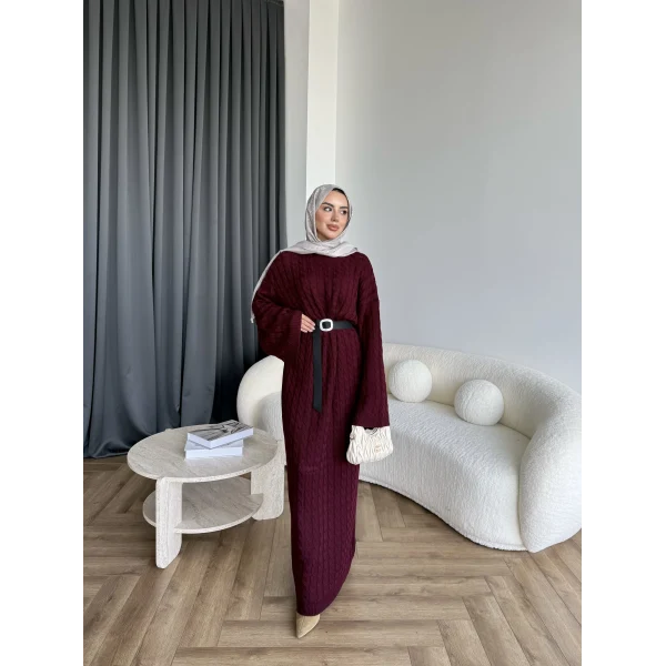 Nurs Örgü Detaylı Elbise - Bordo
