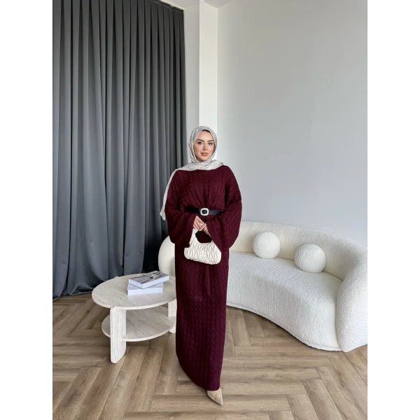 Nurs Örgü Detaylı Elbise - Bordo