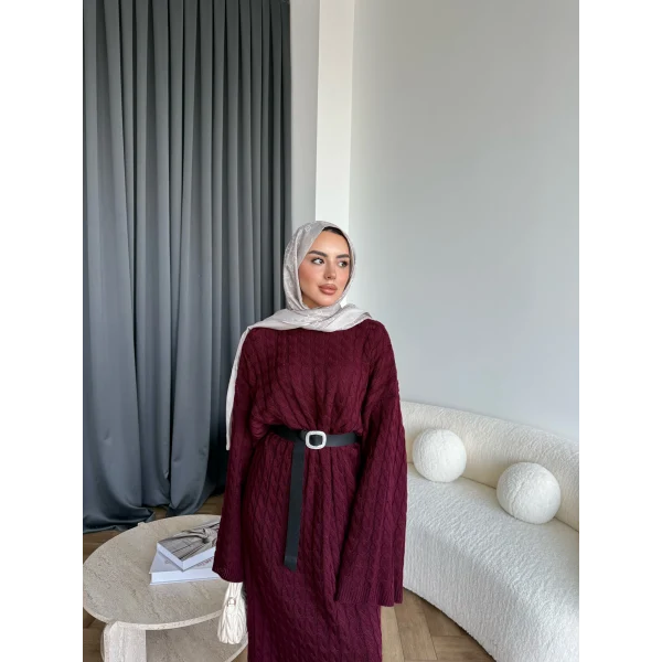 Nurs Örgü Detaylı Elbise - Bordo