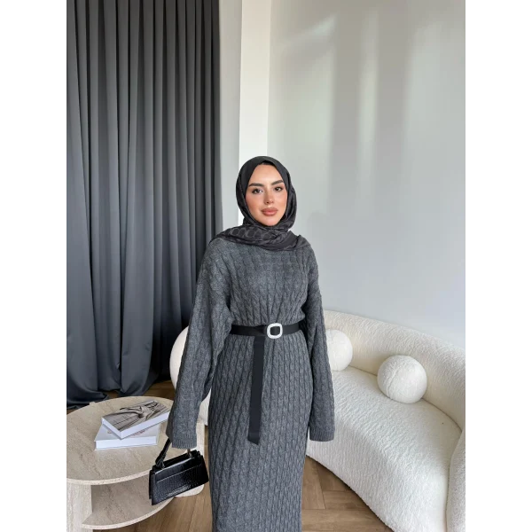 Nurs Örgü Detaylı Elbise - Gri