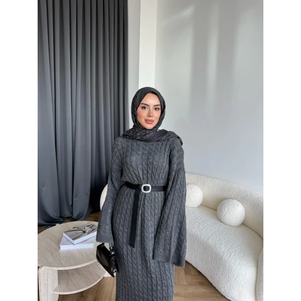 Nurs Örgü Detaylı Elbise - Gri