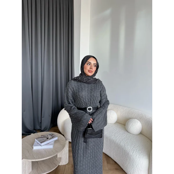 Nurs Örgü Detaylı Elbise - Gri