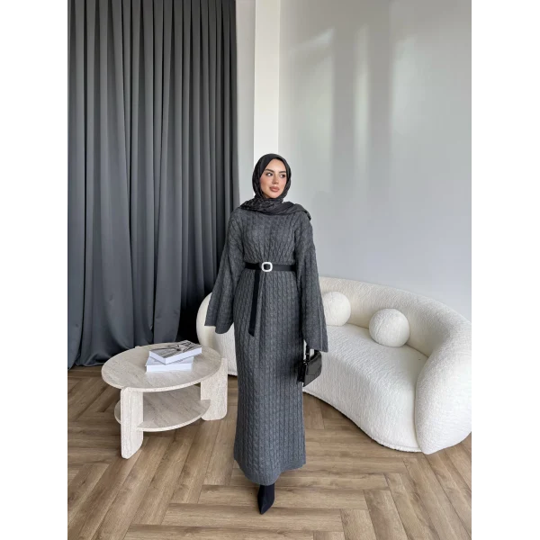 Nurs Örgü Detaylı Elbise - Gri