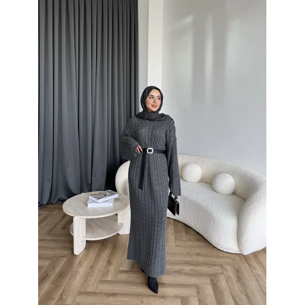 Nurs Örgü Detaylı Elbise - Gri