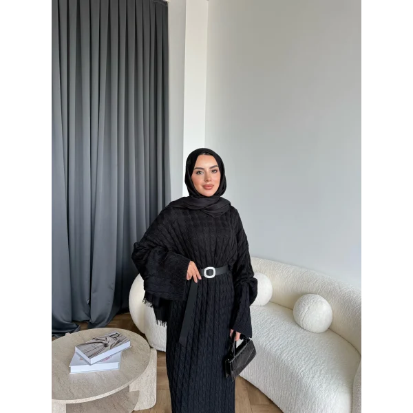Nurs Örgü Detaylı Elbise - Siyah