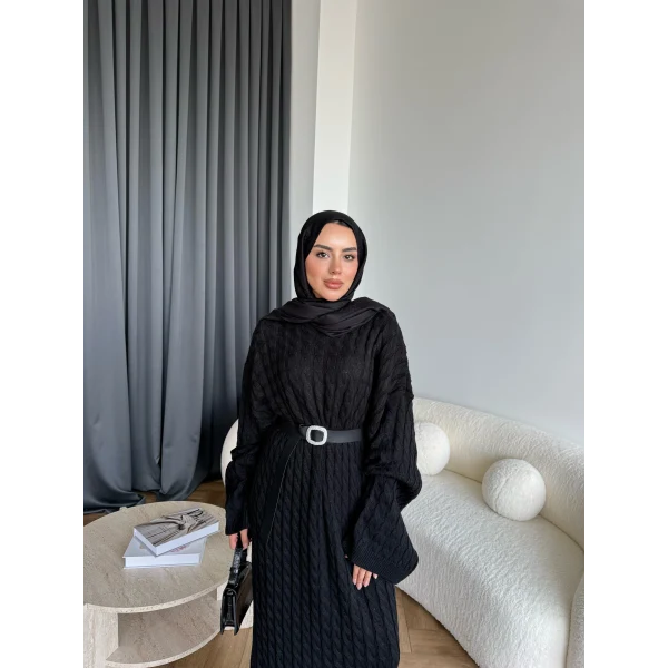 Nurs Örgü Detaylı Elbise - Siyah