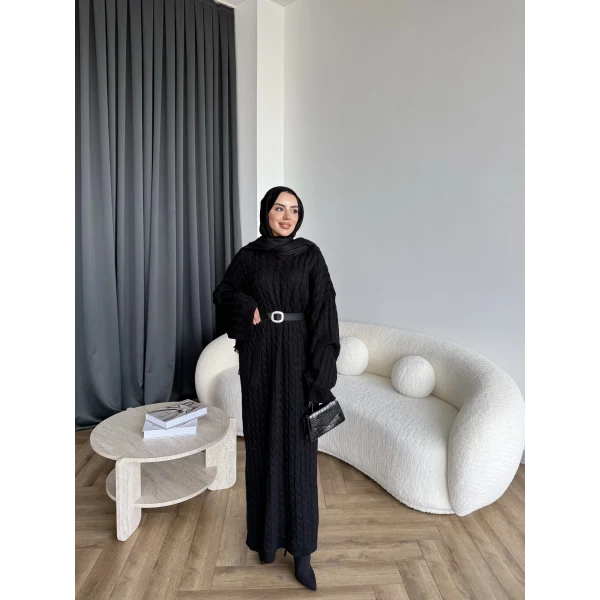 Nurs Örgü Detaylı Elbise - Siyah
