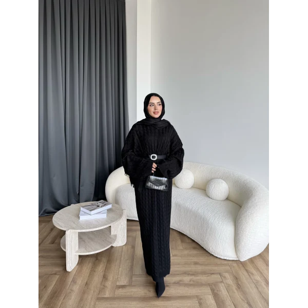 Nurs Örgü Detaylı Elbise - Siyah