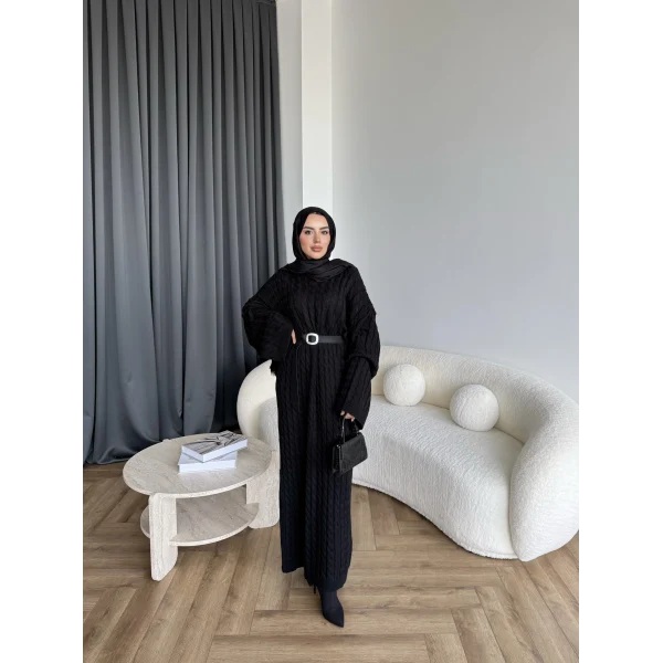 Nurs Örgü Detaylı Elbise - Siyah
