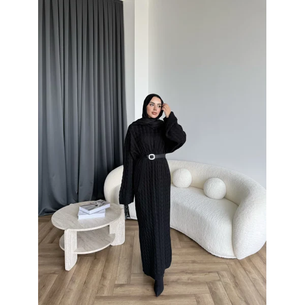 Nurs Örgü Detaylı Elbise - Siyah