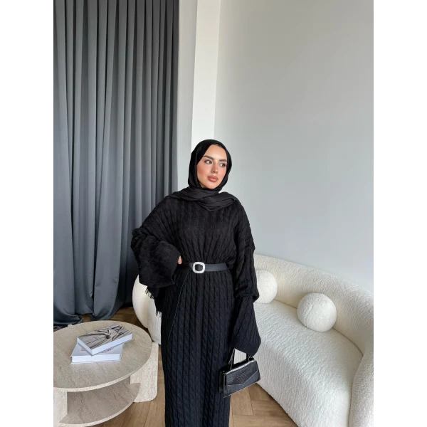 Nurs Örgü Detaylı Elbise - Siyah