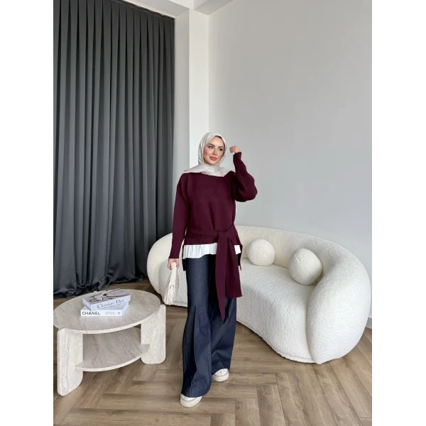 Ön Bağlamalı Triko Kazak - Bordo