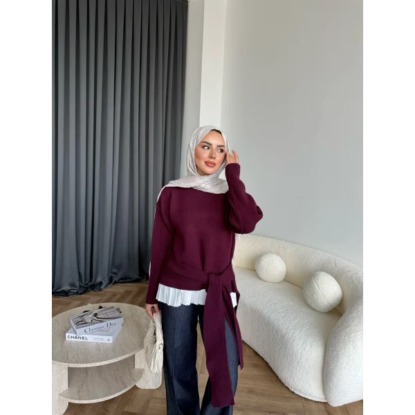 Ön Bağlamalı Triko Kazak - Bordo
