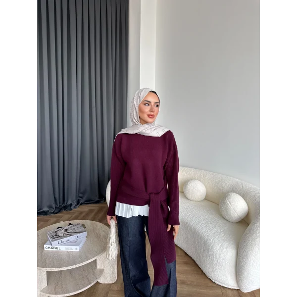 Ön Bağlamalı Triko Kazak - Bordo