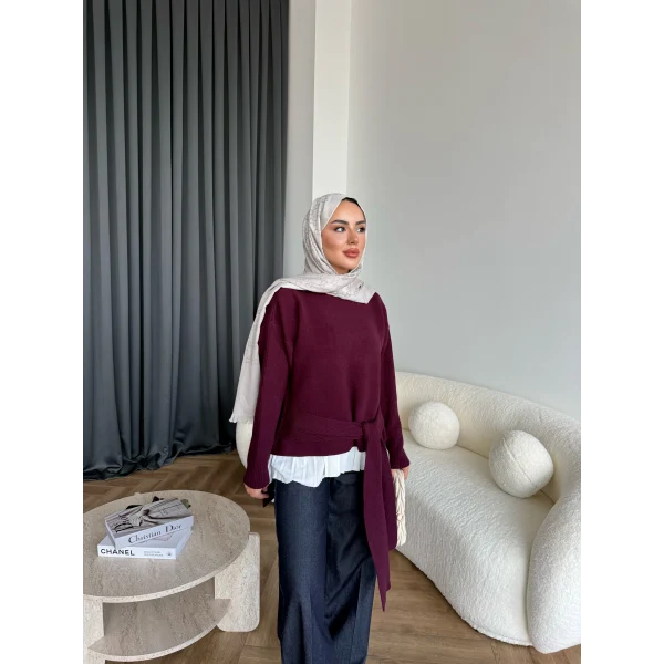 Ön Bağlamalı Triko Kazak - Bordo