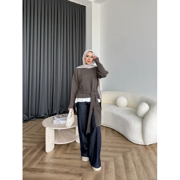 Ön Bağlamalı Triko Kazak - Haki