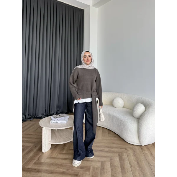 Ön Bağlamalı Triko Kazak - Haki