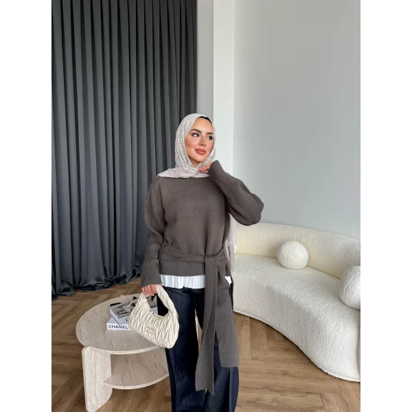 Ön Bağlamalı Triko Kazak - Haki