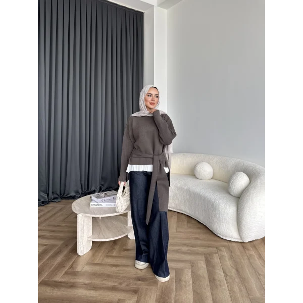 Ön Bağlamalı Triko Kazak - Haki