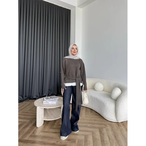 Ön Bağlamalı Triko Kazak - Haki