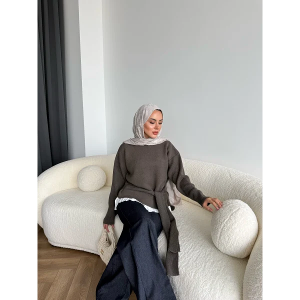 Ön Bağlamalı Triko Kazak - Haki