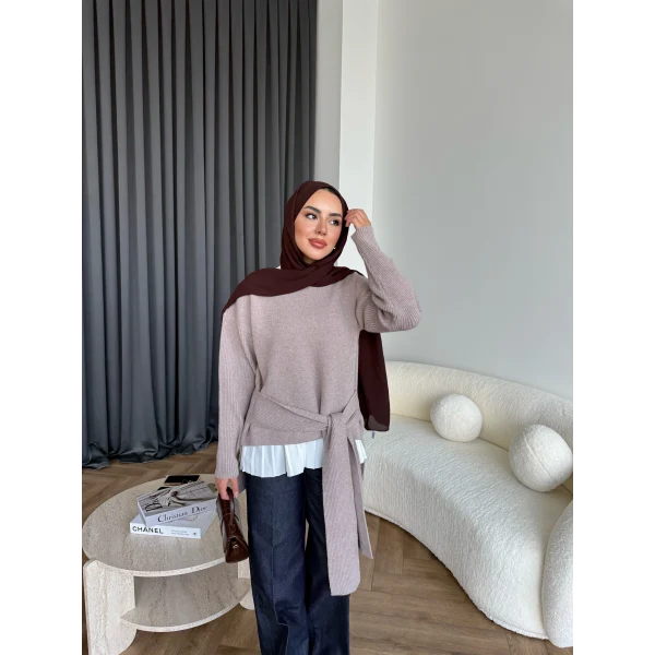 Ön Bağlamalı Triko Kazak - Vizon