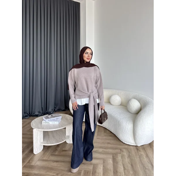 Ön Bağlamalı Triko Kazak - Vizon