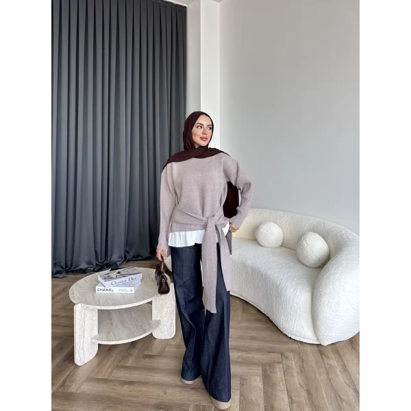 Ön Bağlamalı Triko Kazak - Vizon