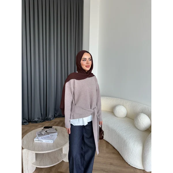 Ön Bağlamalı Triko Kazak - Vizon