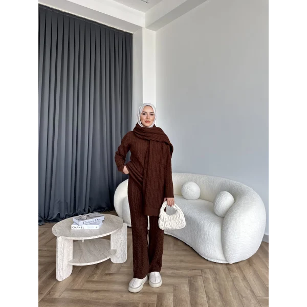 Örgü Atkı Detaylı Triko Takım - Acı Kahve