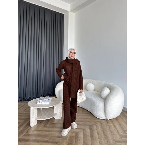 Örgü Atkı Detaylı Triko Takım - Acı Kahve