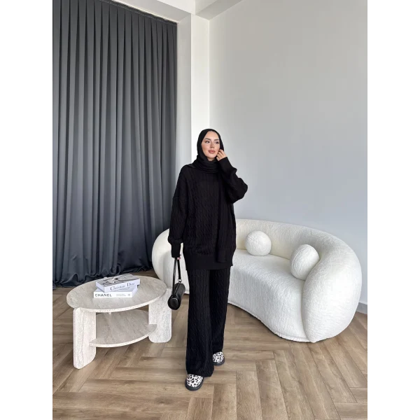 Örgü Atkı Detaylı Triko Takım - Siyah