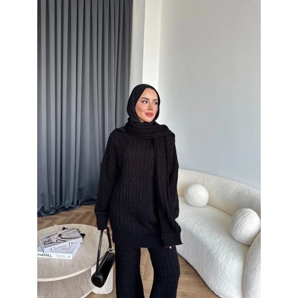 Örgü Atkı Detaylı Triko Takım - Siyah