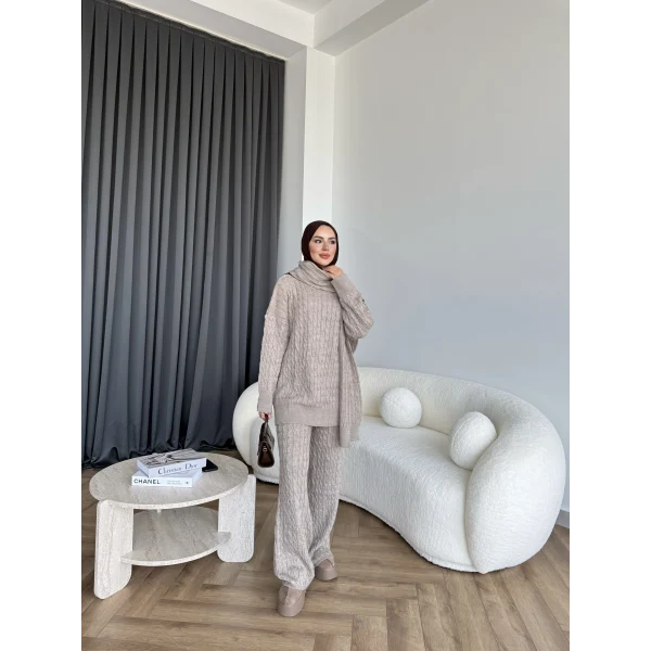 Örgü Atkı Detaylı Triko Takım - Vizon