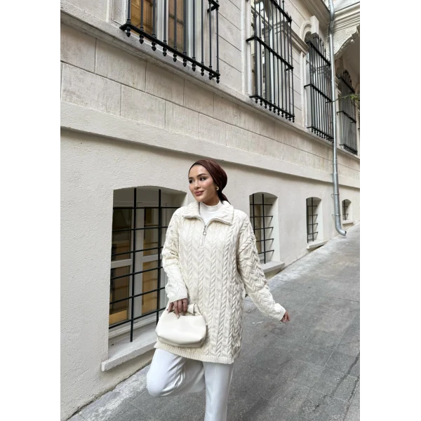 Örme Desen Triko Kazak - Bej