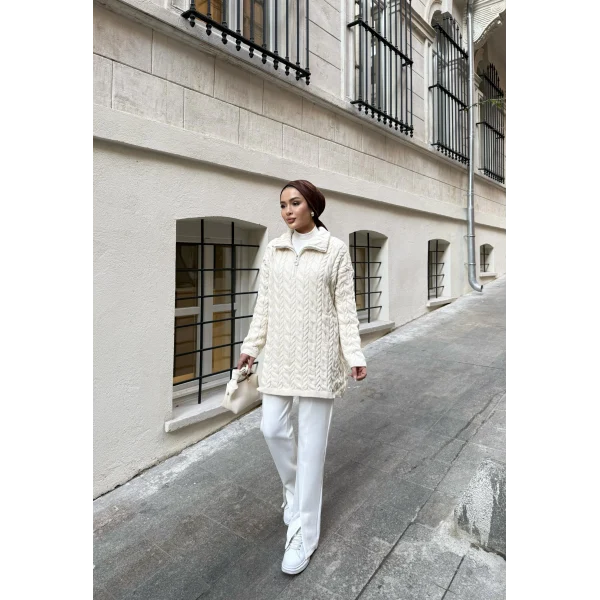 Örme Desen Triko Kazak - Bej