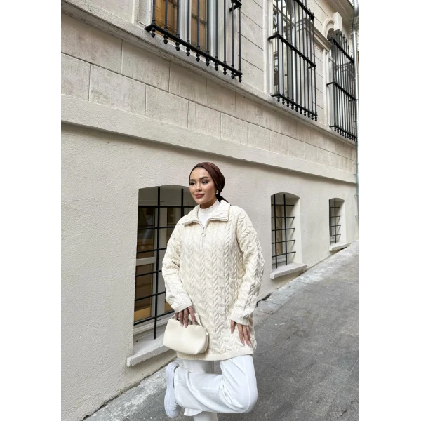 Örme Desen Triko Kazak - Bej