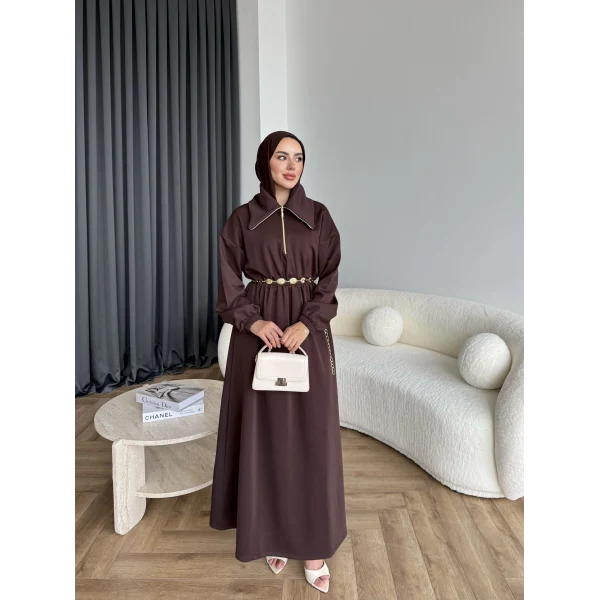 Özder Ön Fermuarlı Scuba Elbise - Acı Kahve