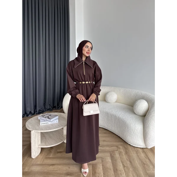 Özder Ön Fermuarlı Scuba Elbise - Acı Kahve