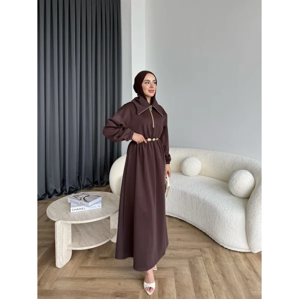 Özder Ön Fermuarlı Scuba Elbise - Acı Kahve