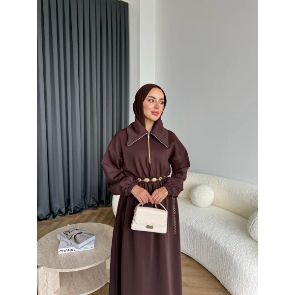 Özder Ön Fermuarlı Scuba Elbise - Acı Kahve