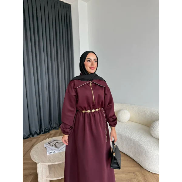 Özder Ön Fermuarlı Scuba Elbise - Bordo