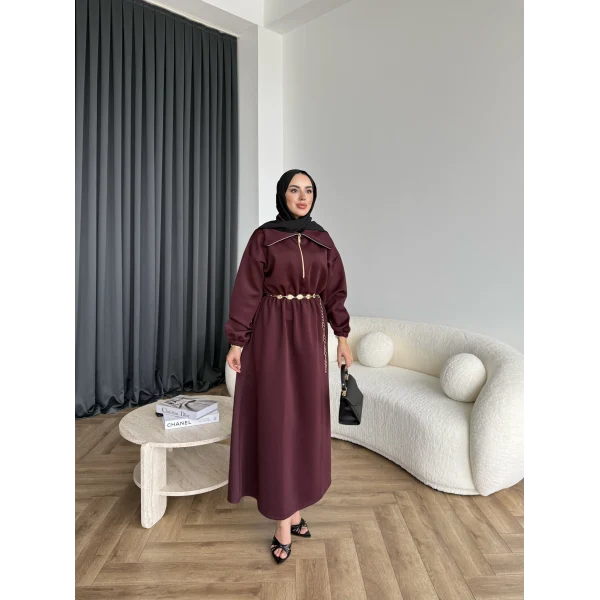 Özder Ön Fermuarlı Scuba Elbise - Bordo
