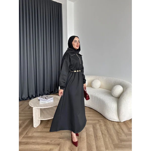 Özder Ön Fermuarlı Scuba Elbise - Siyah